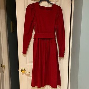 Laura Ashley Vintage Red Long-Sleeve Dress with small black polka dots